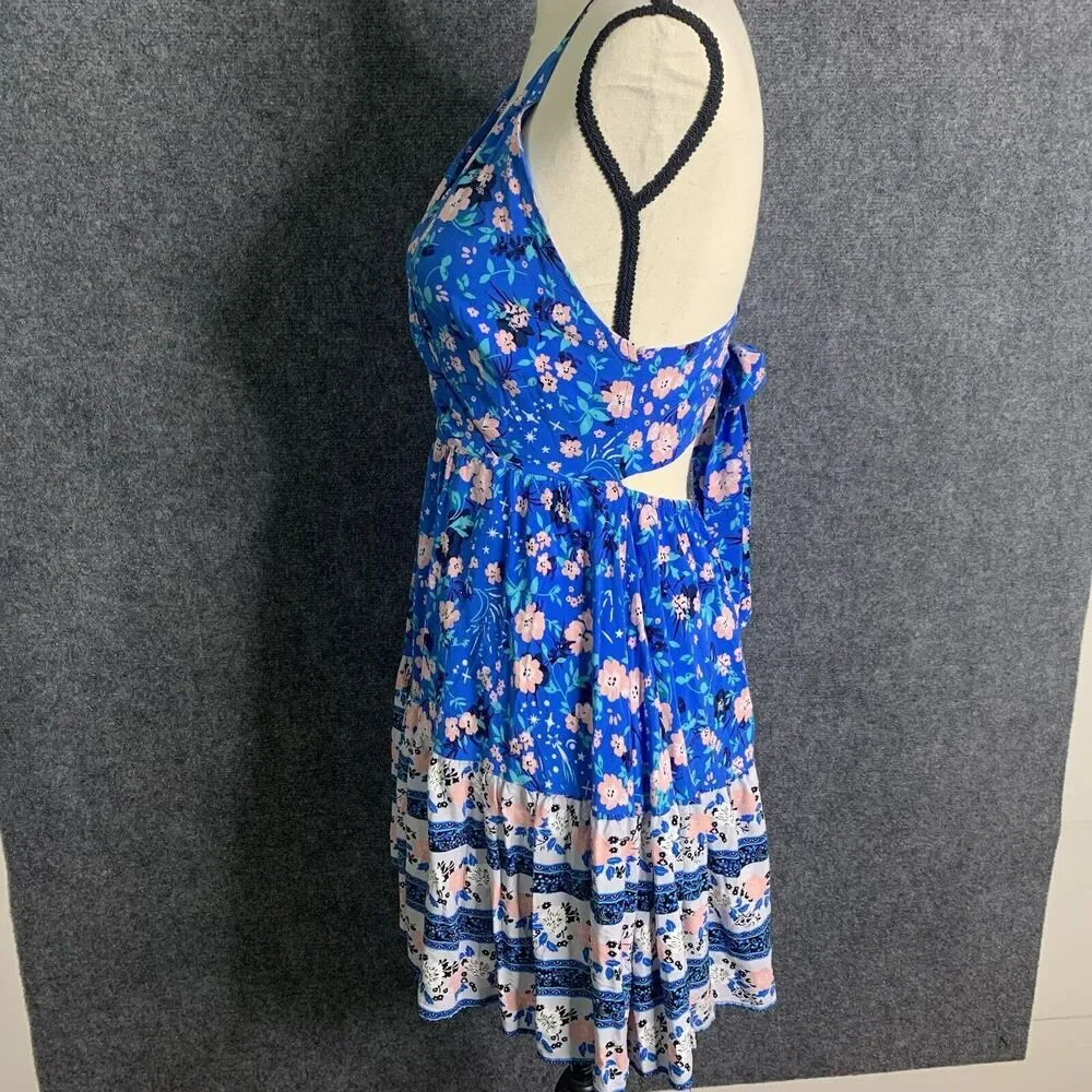 Unbranded Floral Strappy Sun Dress XS Blue Pink Open Tie Back Elastic Pullon - Picture 5 of 9